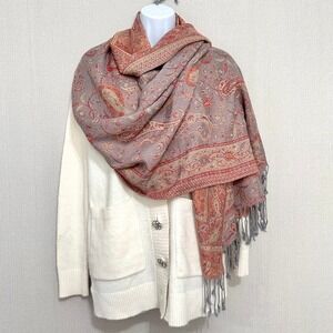 Pashmina 100% Pashmina Paisley Jacquard Shawl Wrap Gray Coral Fringe 76x27